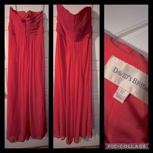 Dark pink David’s bridal strapless ball gown.